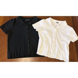 Lot of 2 Brandy Melville Womens Collared Button Down One Size Black White Shirts